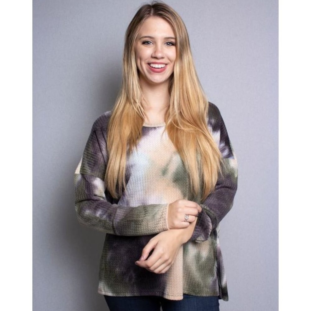 Hi Low Tie Dye Long Sleeve Waffle Top